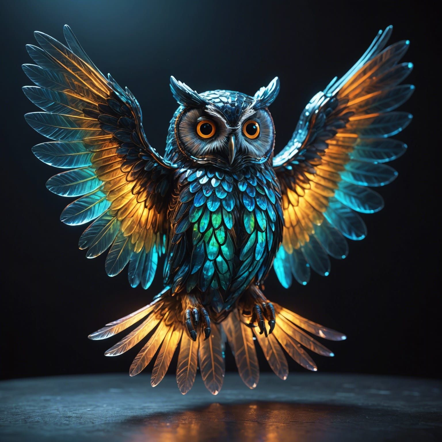 Bioluminescent Glass Owl in Flight: Hyperrealistic Neon Art