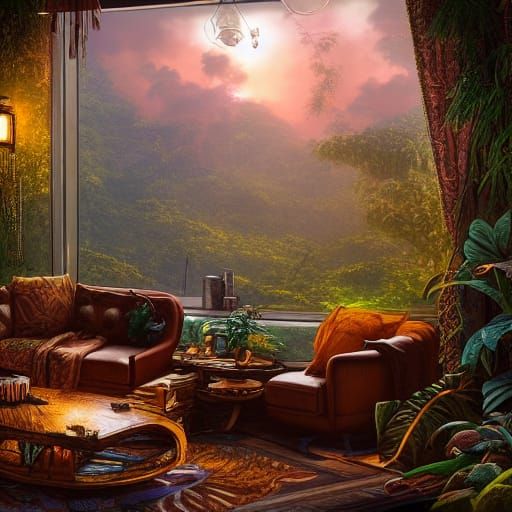 Cozy Steampunk Living Room with Jungle View