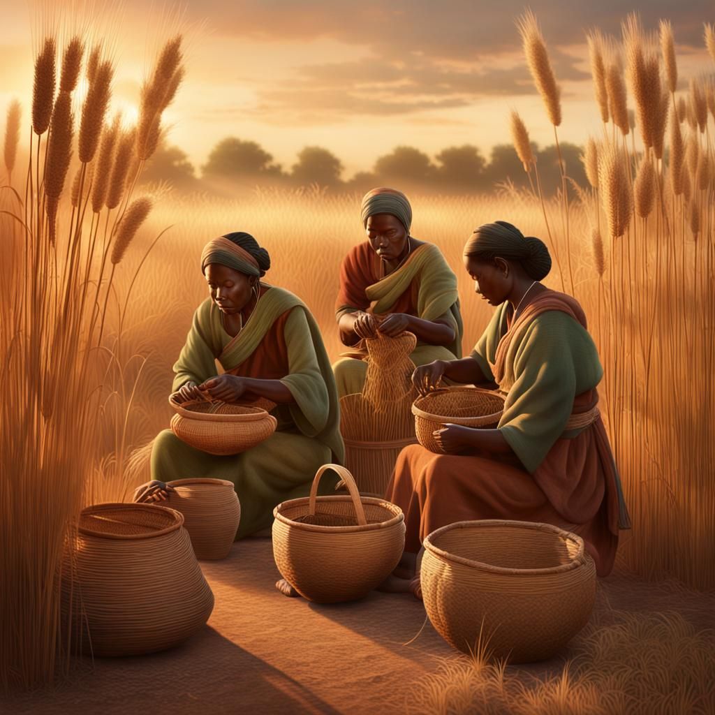 Weaving Baskets: Rustic Scene in Golden Hour