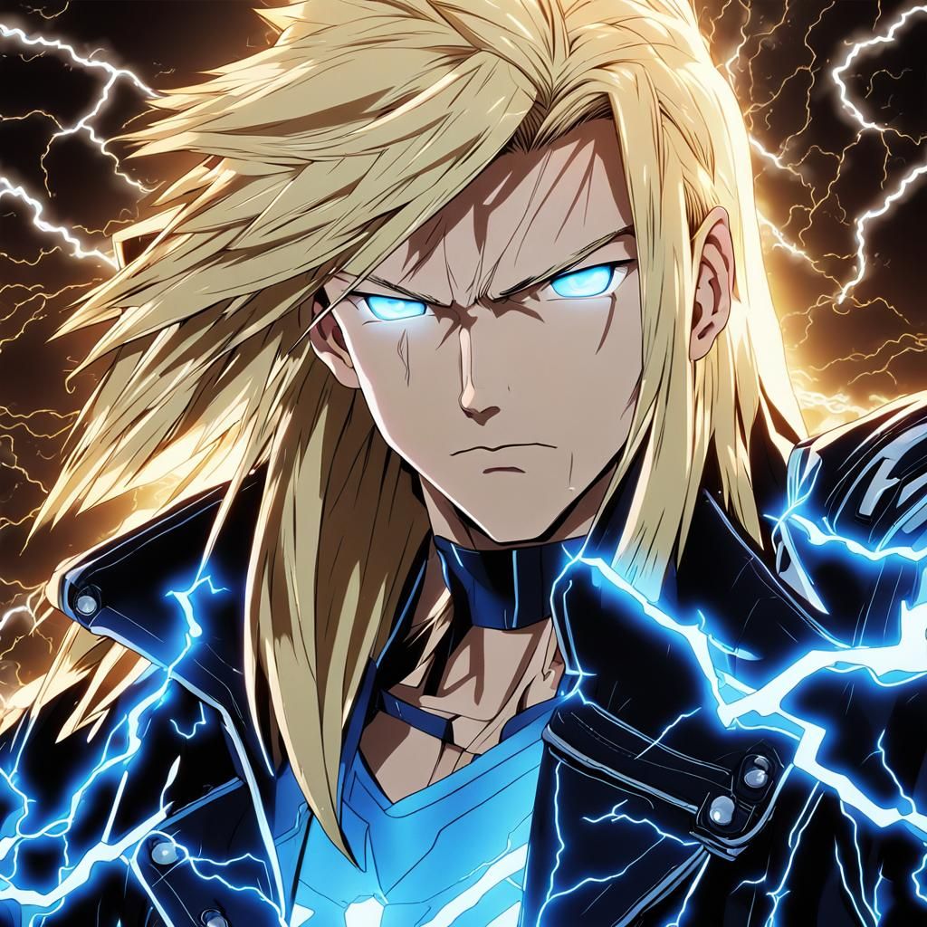 head and shoulders portrait, blond hair, platinum silver eyes, leather jacket, blue lightning covering jacket, intricate...