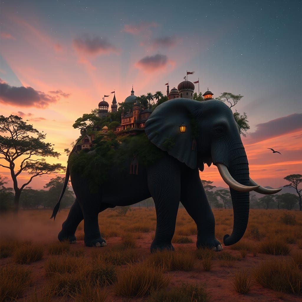 Colossal Elephant City on Savannah at Twilight