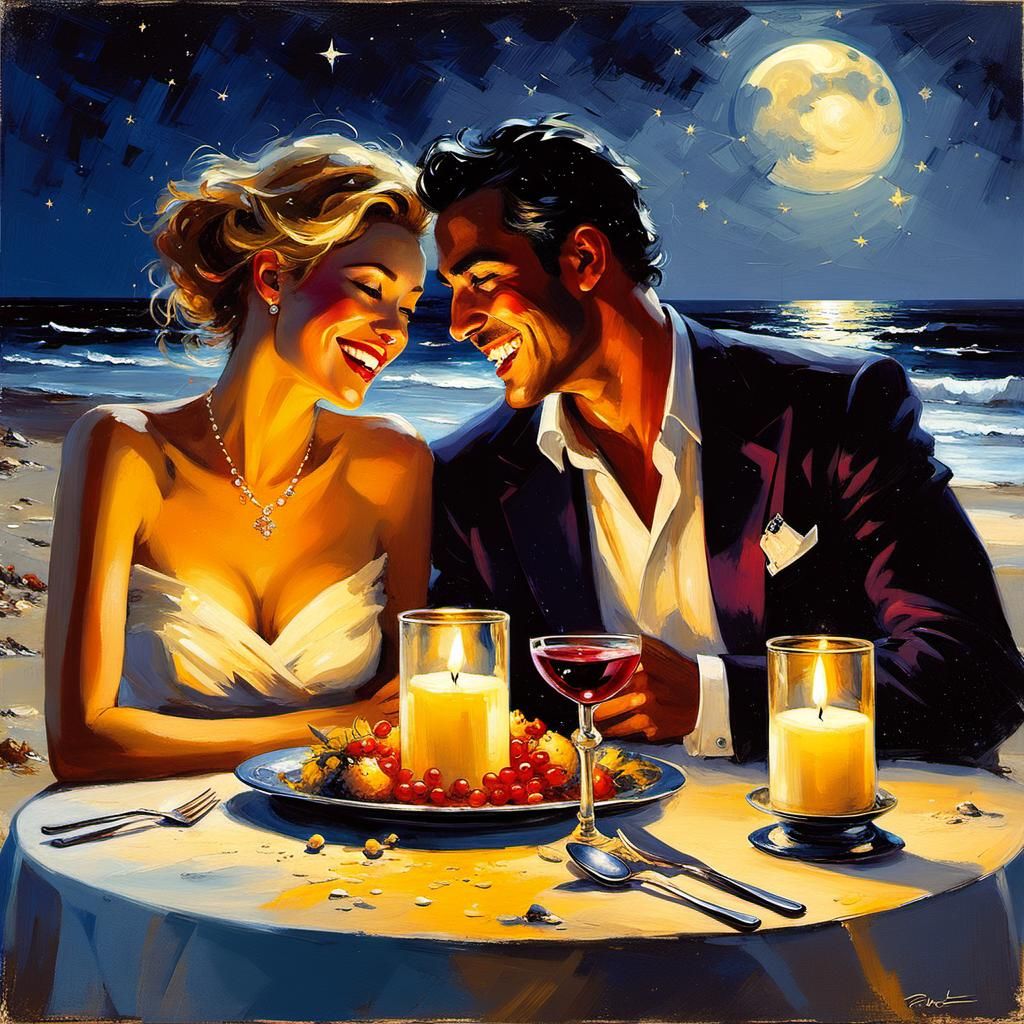 Romantic Beach Dinner Portrait in Pino Daeni Style