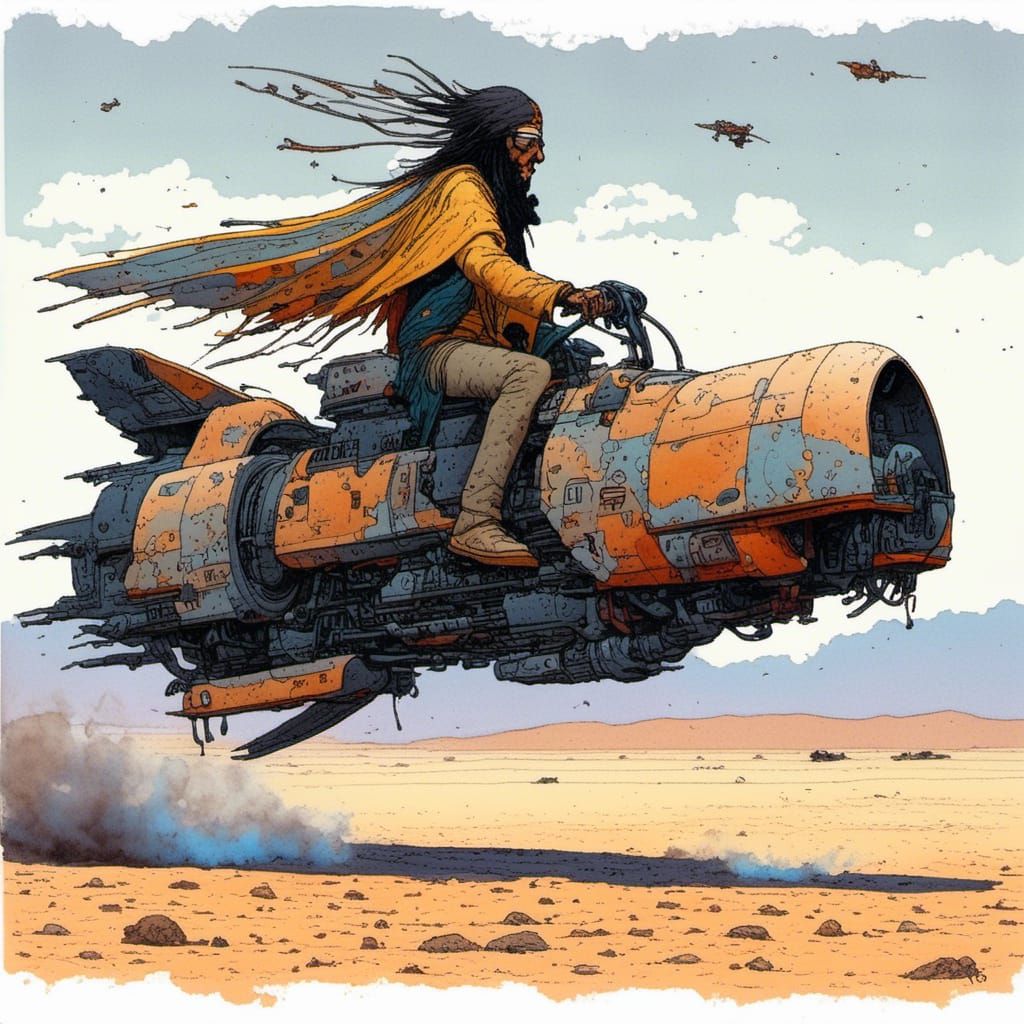 Moebius-Style Hoverbike Glides Through Desert