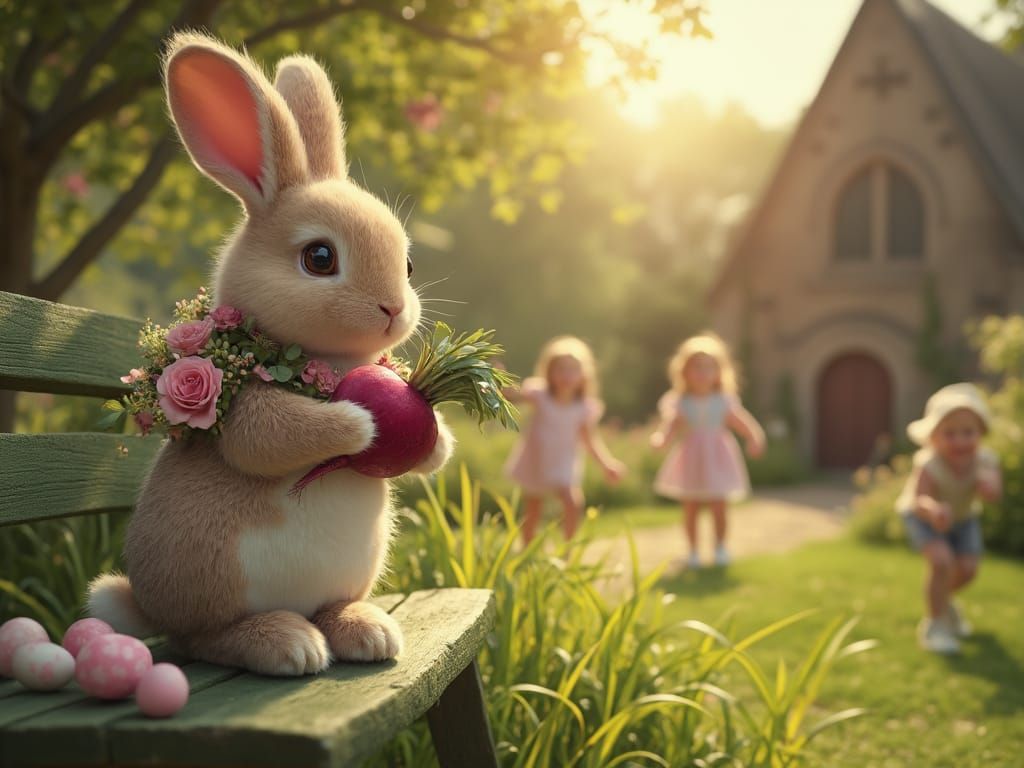 Idyllic Easter Scene in a Whimsical Church Garden