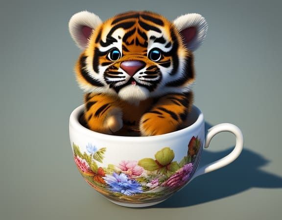 Adorable Tiger Cub in Teacup: Pixar-Style 3D Art