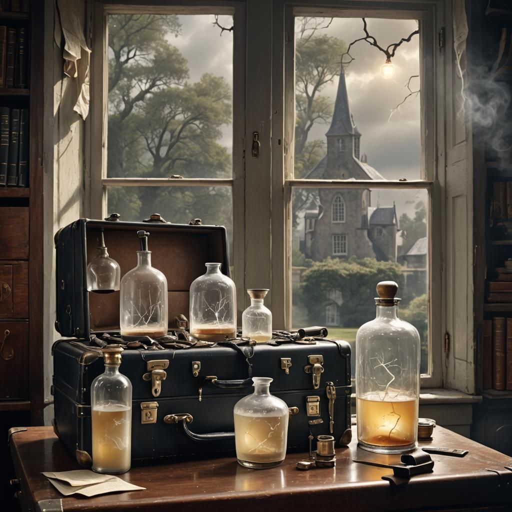 Flasks in Antique Suitcase: Detailed Matte Painting