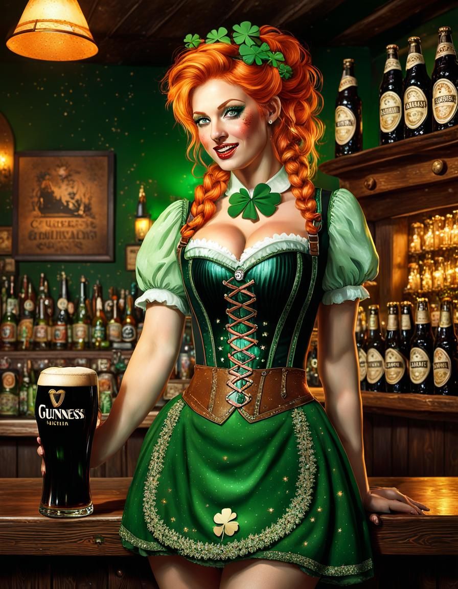Irish Beer Wench with Guinness in Tavern, Digital Art