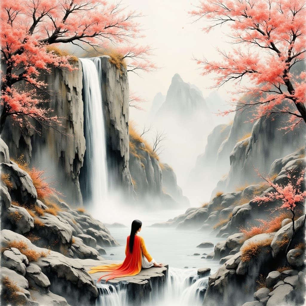 Ethereal Waterfall Scene with Chinese Lady
