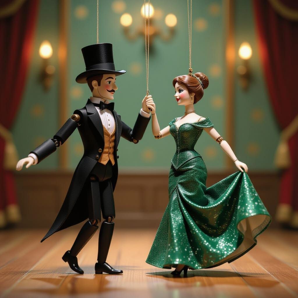 Wooden Marionettes Dancing in Vintage Ballroom