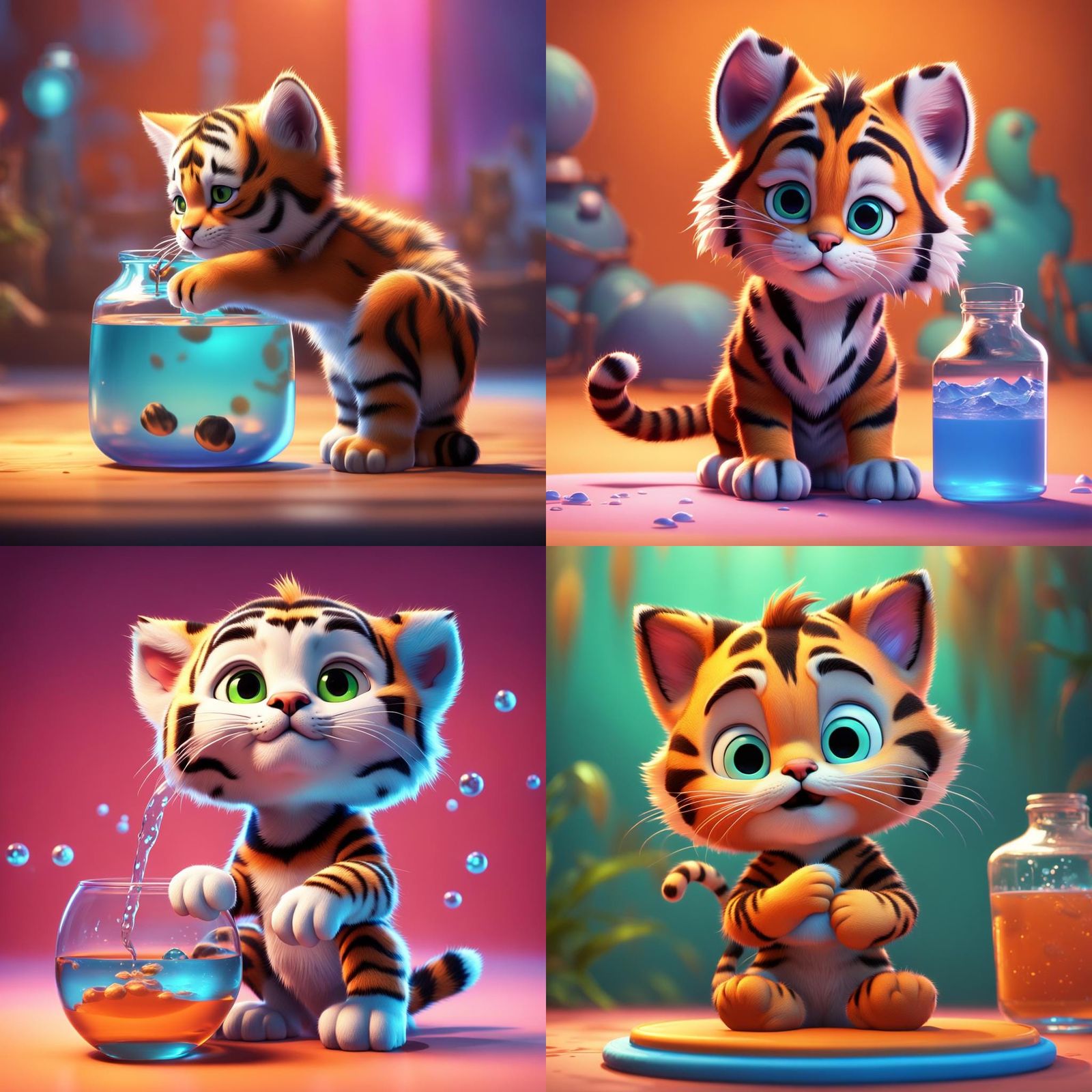 Kitten as Tiger Drinking Water: 3D Digital Art
