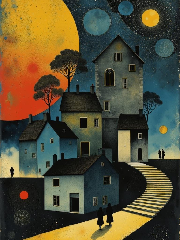 Golden Shimmering Lights in Surreal Dystopian Landscape