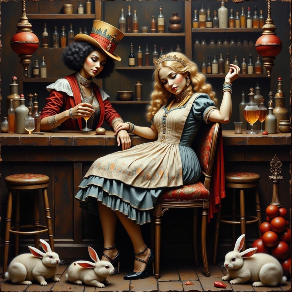 Alice in Wonderland at a Bar in Mixed Media