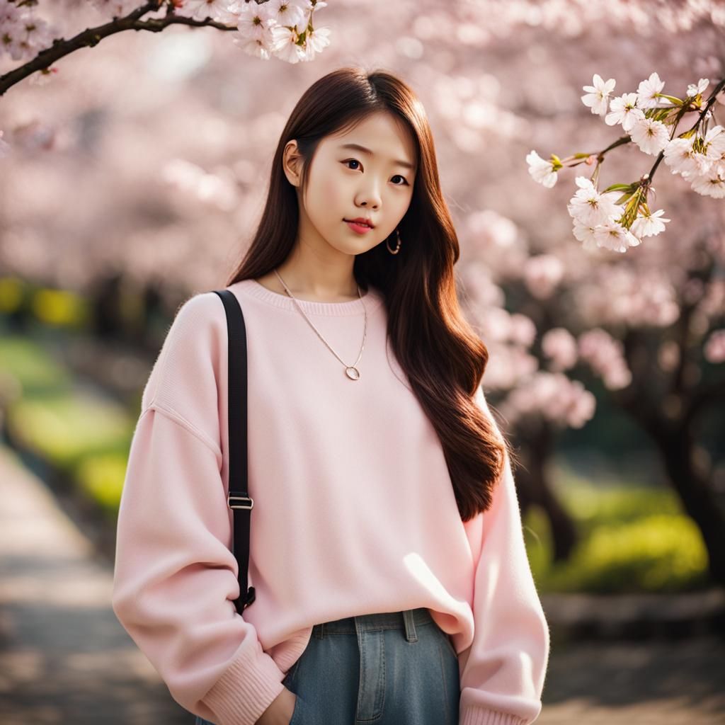 Korean Girl in Pink Jumper Near Cherry Blossoms
