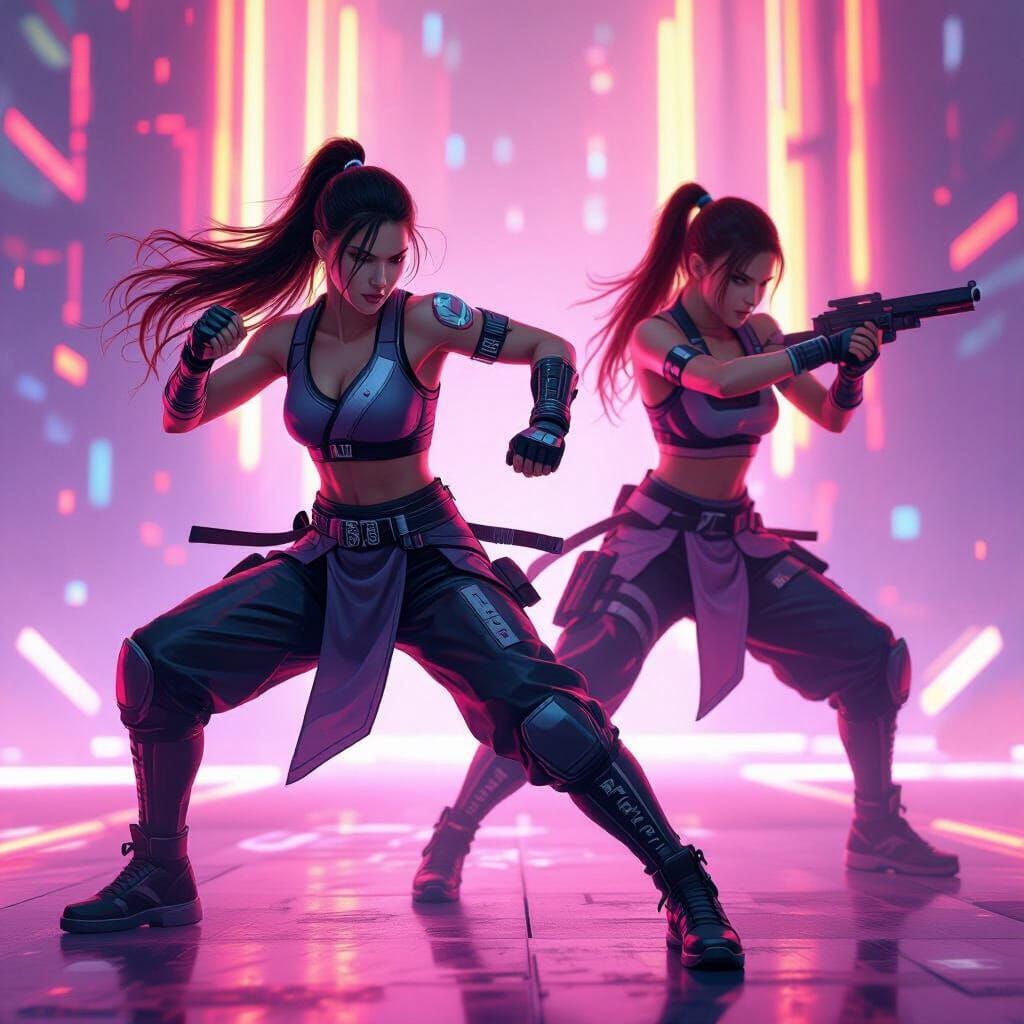 Futuristic Martial Arts Combat in Neon Cityscape