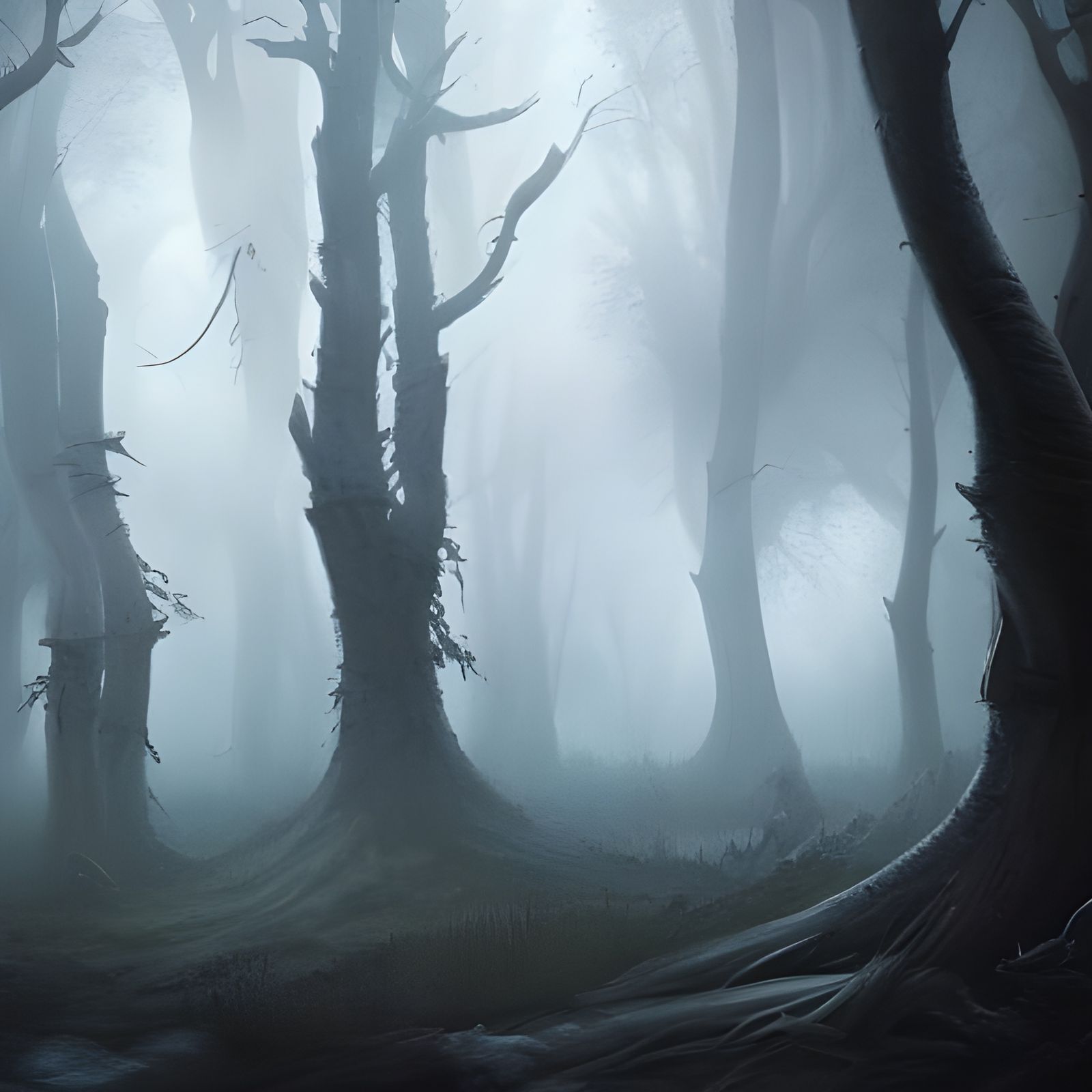 Eerie Owl Eyes in Foggy Dark Fantasy Forest