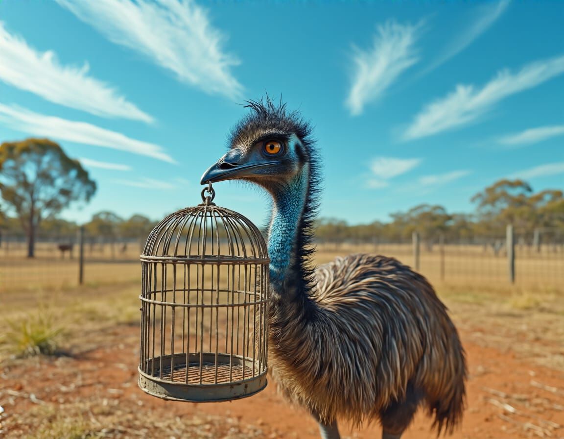 Emu Head in Cage, Outback Farm Digital Matte Painting