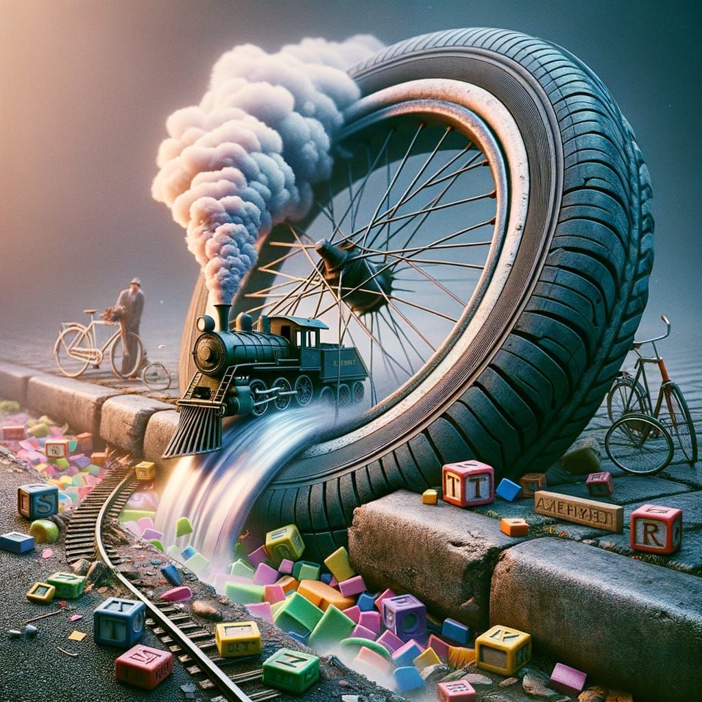 Surreal Train on Bicycle Wheel in Gutter