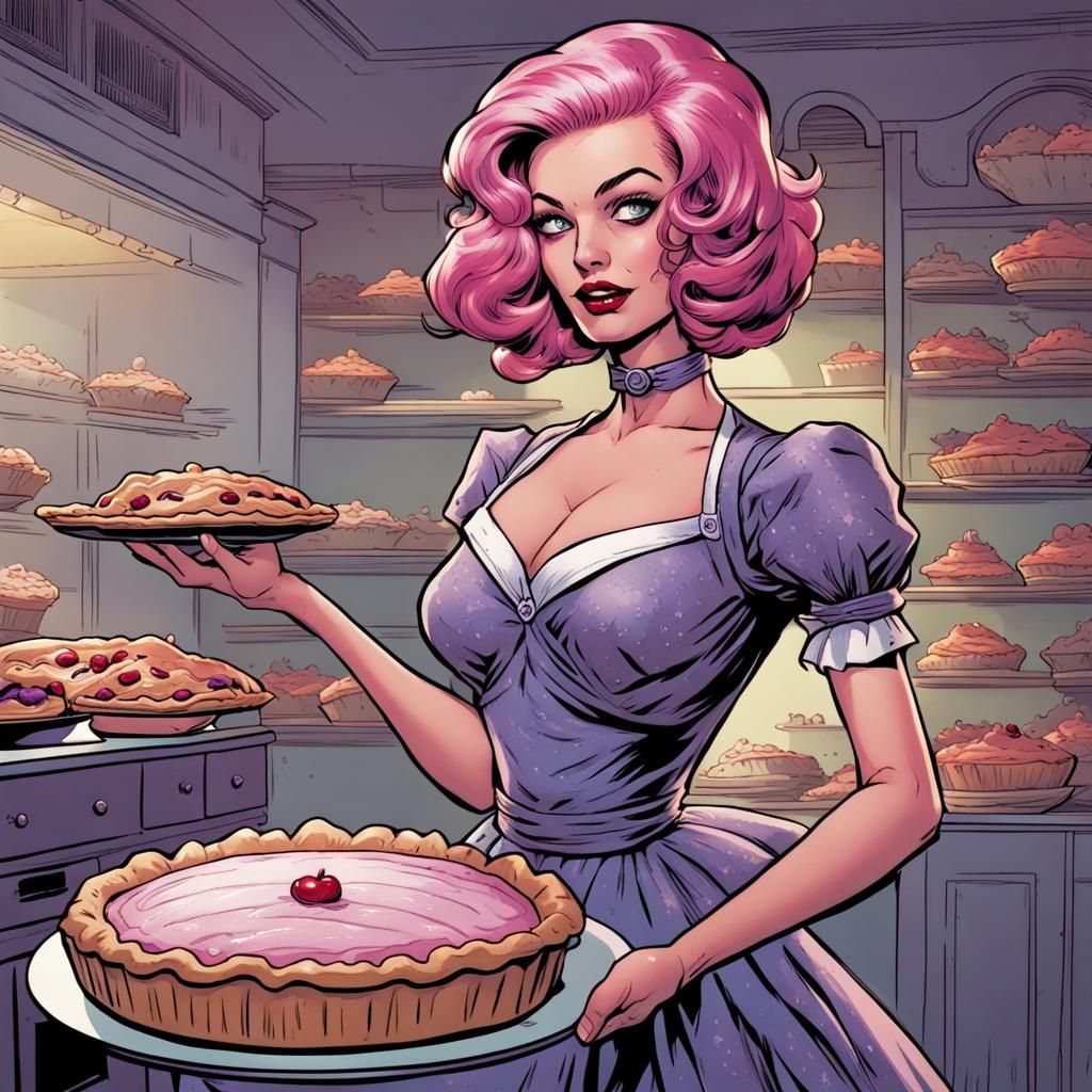 Pink Haired Woman Holding Pie as Comic Book Art