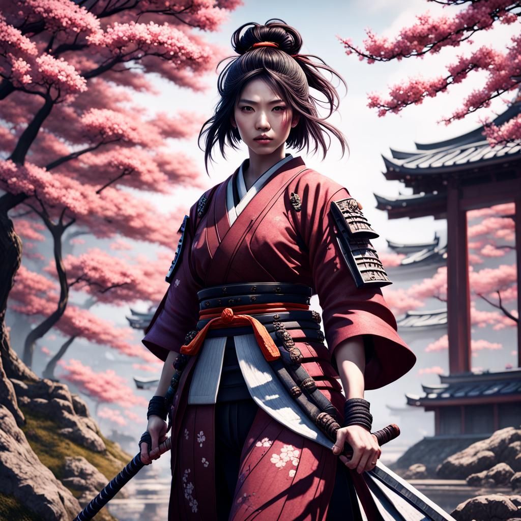 Gorgeous Samurai Woman at Japanese Temple in Fantasy Art