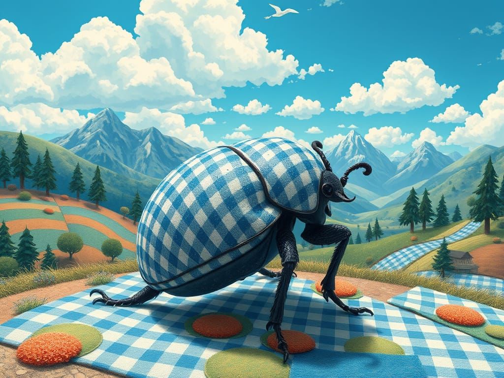 Gingham Beetle in Whimsical Landscape