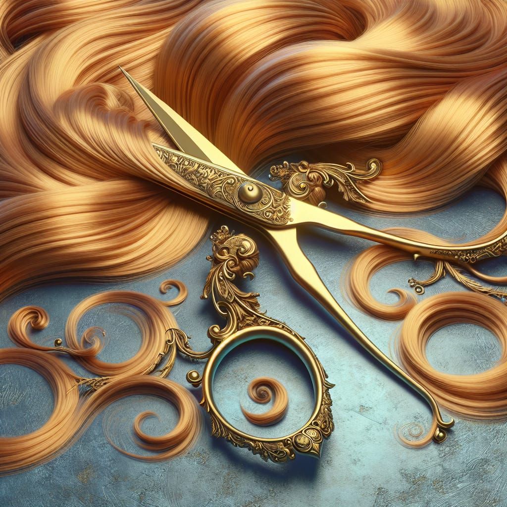 Ornate Golden Scissors on Flowing Golden Hair