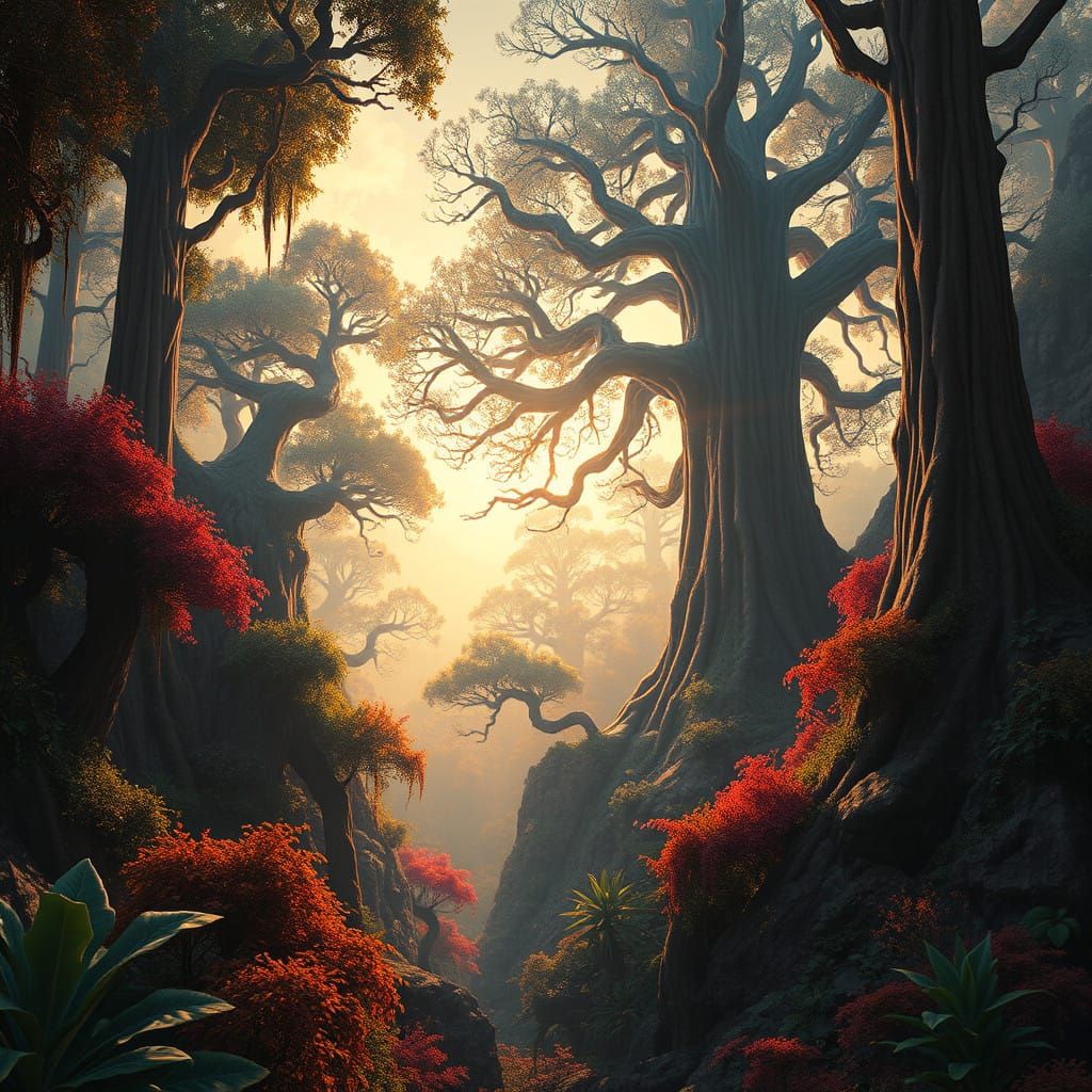 Dreamlike Forest Landscape in Voluminous Golden Light