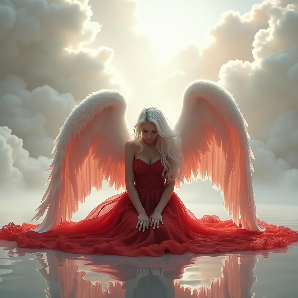 Serene Heavenly Figure in Elegant Red Dress with Dramatic Wi...