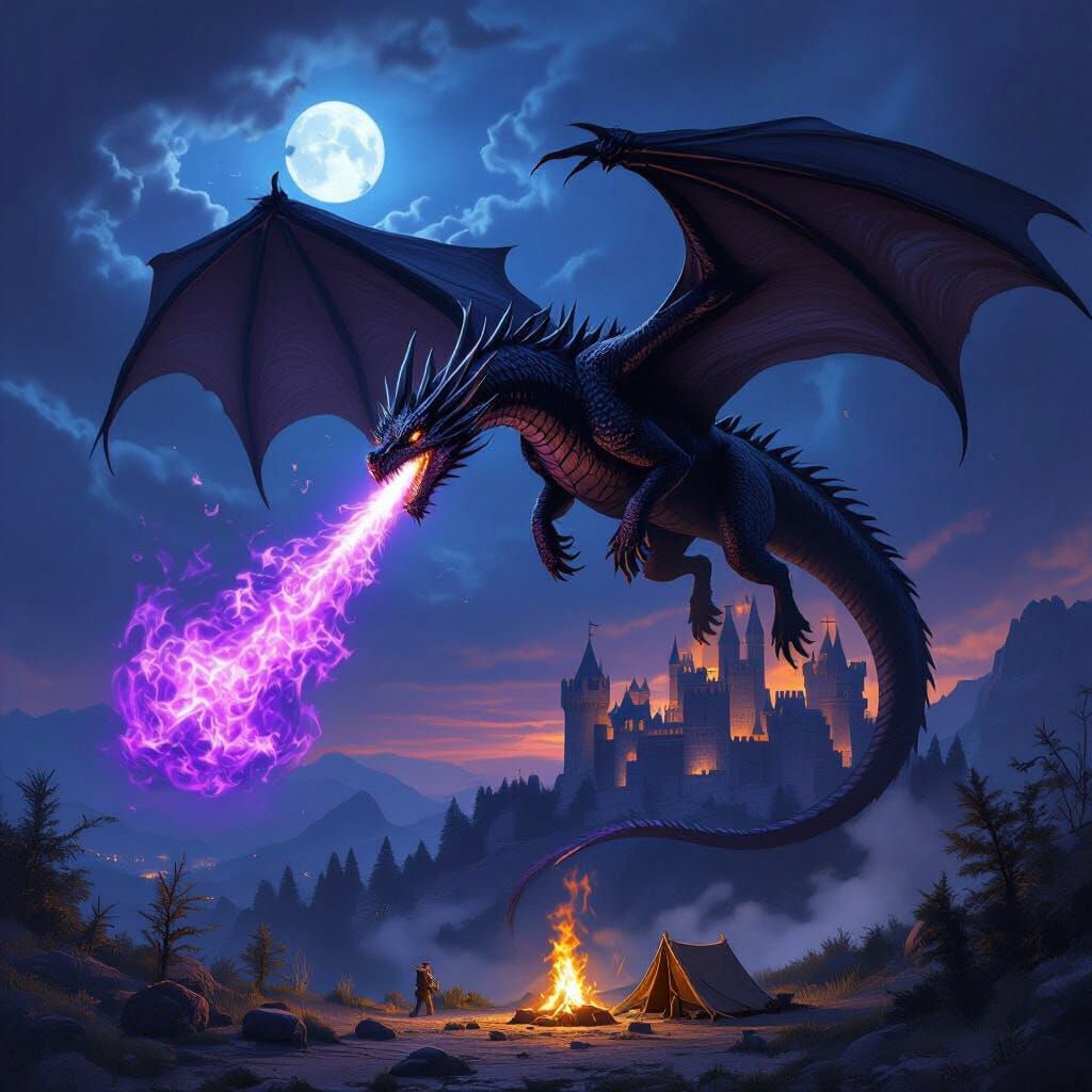 Black Dragon Breathes Purple Fire on Castle in Hyperrealisti...