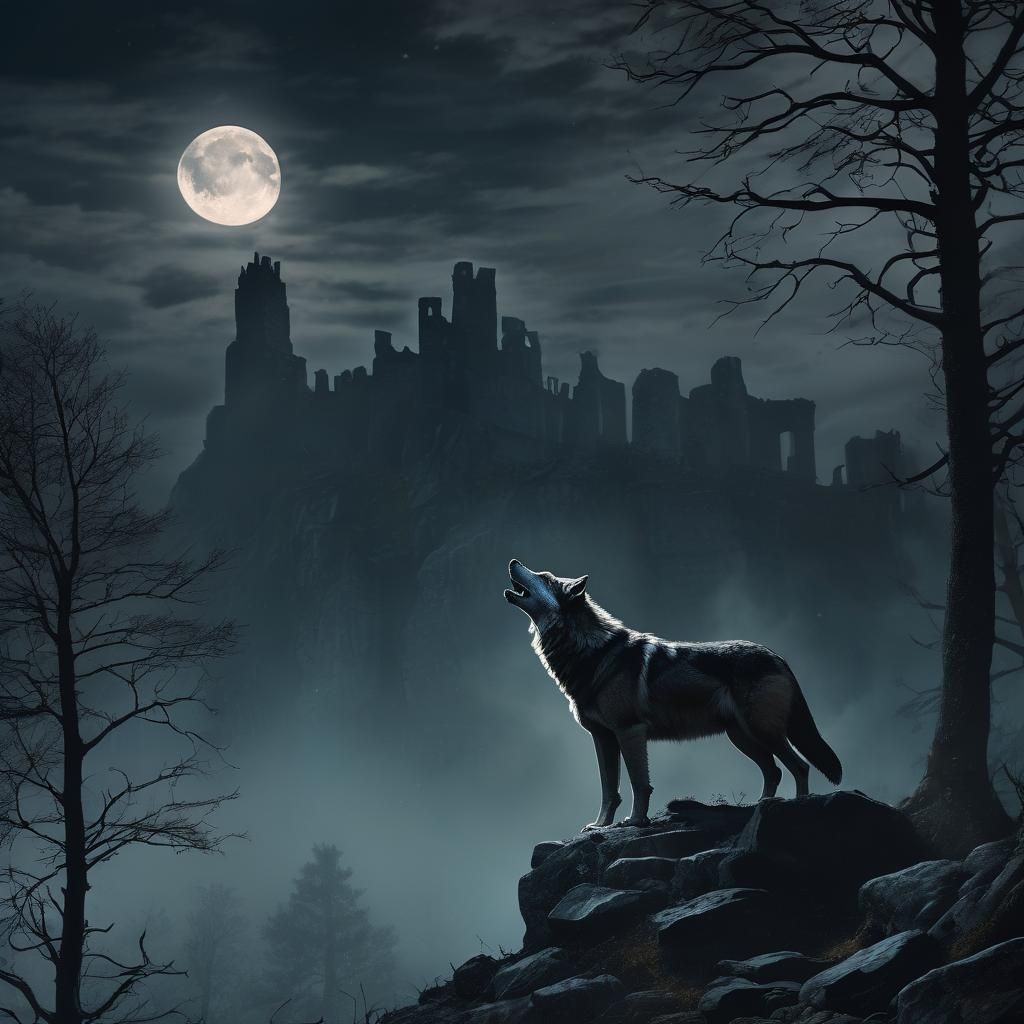 Mystical Wolf Howls at Moonlit Ruins