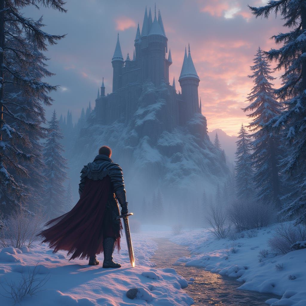 Ethereal Knight Guards Petrified Castle in Winter's Grip