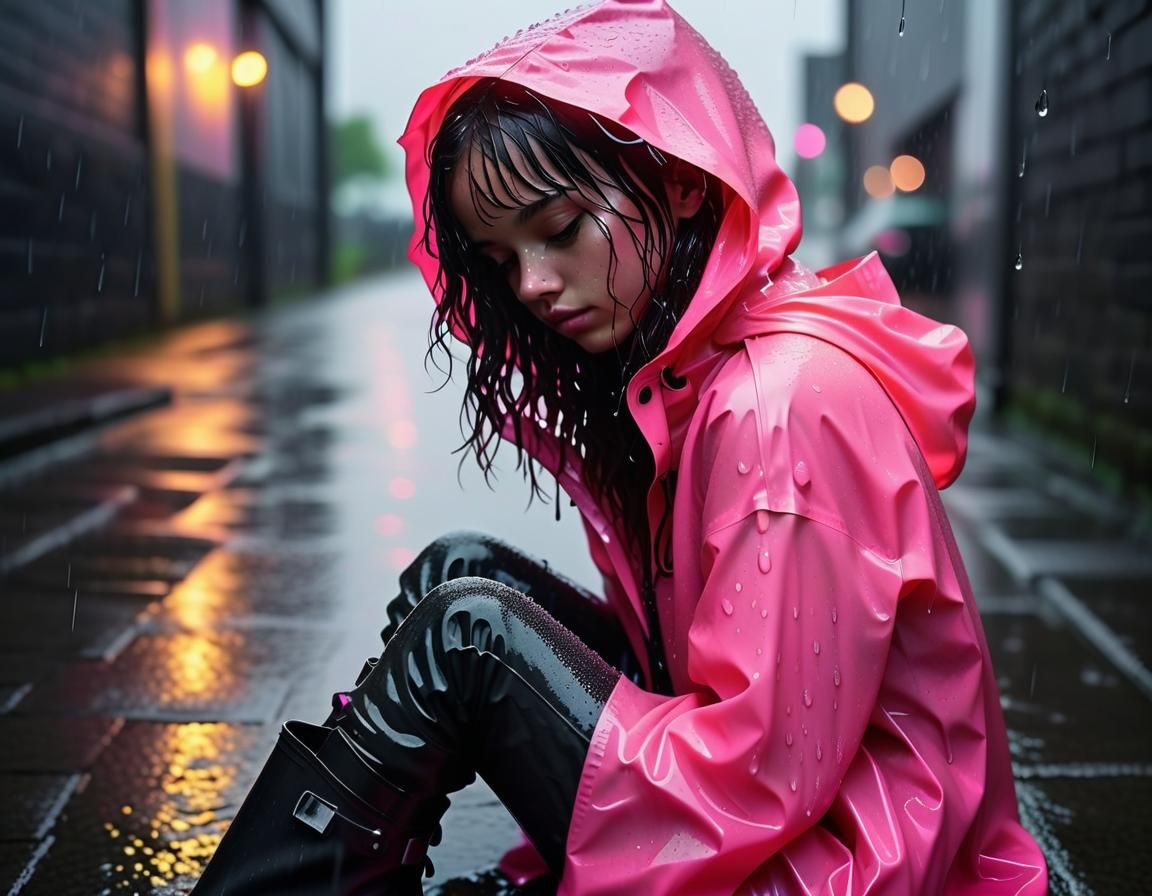 Girl in Pink Raincoat: Moody Street Photography