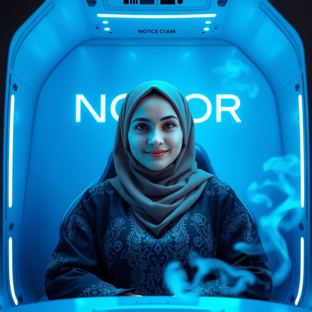 Futuristic NOOR Chat Room with Modern Arab Woman in Serene B...