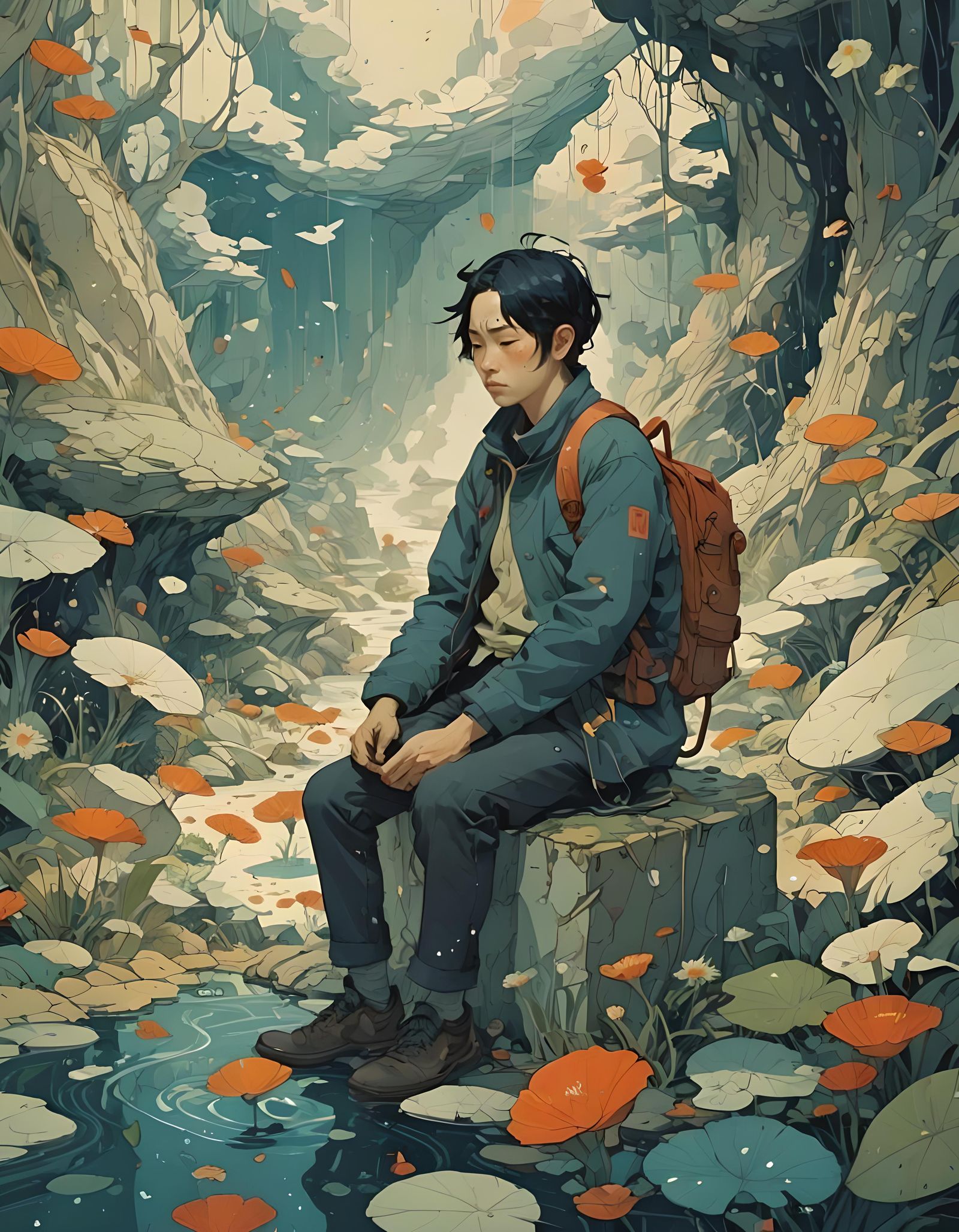 Tired Person Resting in Composite Art Style