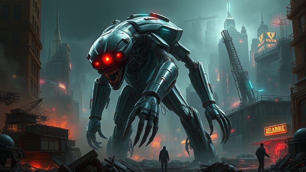 Robot Rampage in Dystopian Metropolis: Sci-Fi Concept Art
