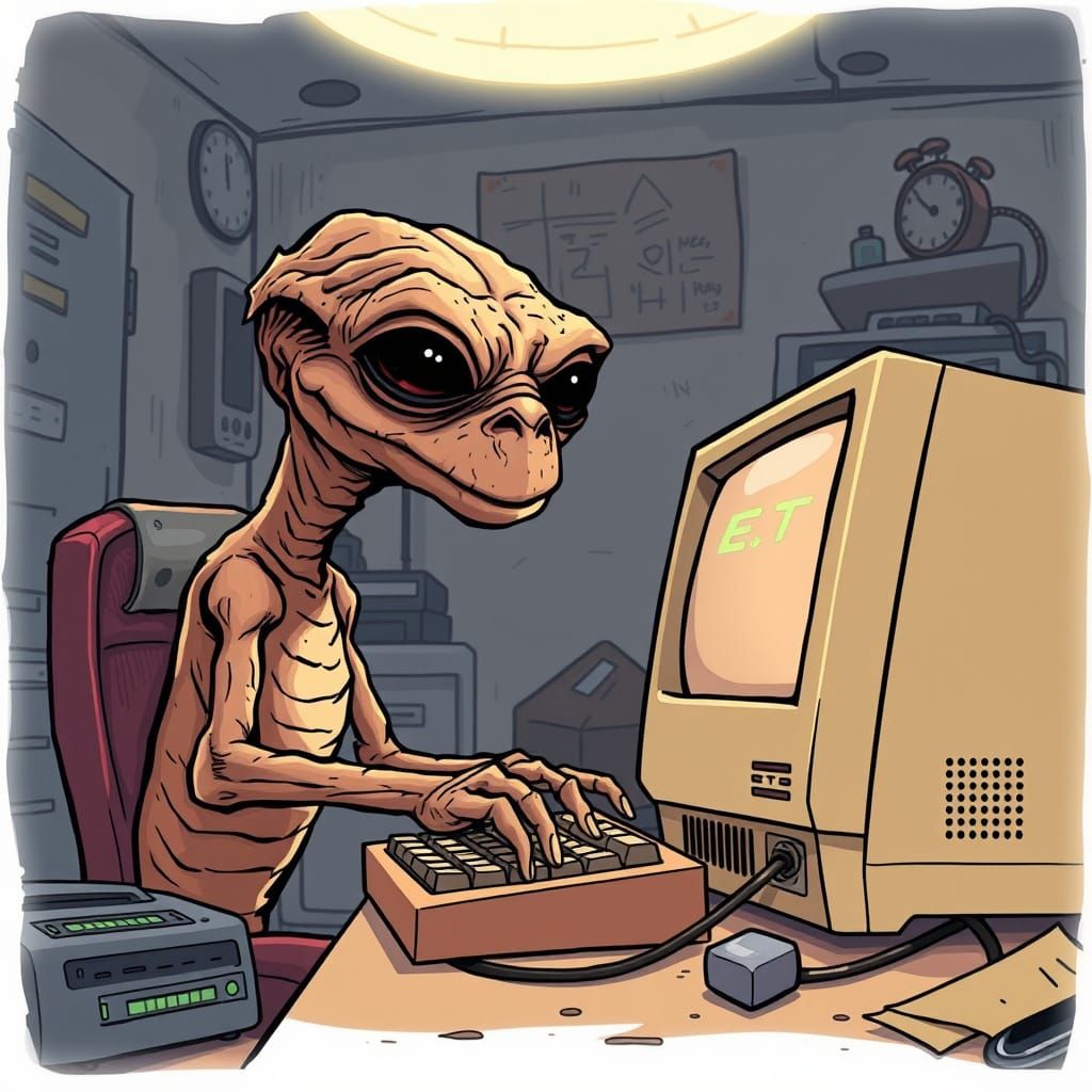E.T. Working at a Computer in 80s Cartoon Style