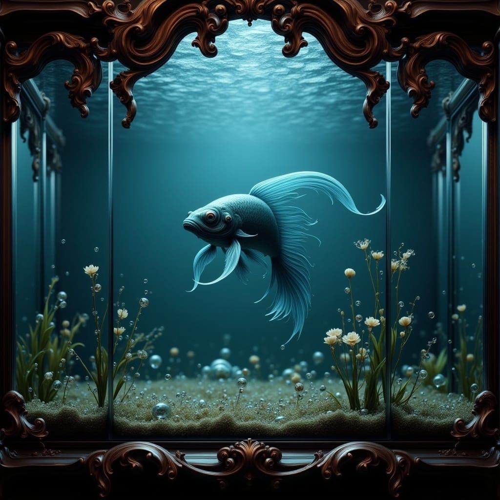 Fish in Glass Piano Aquarium with Cinematic Lighting