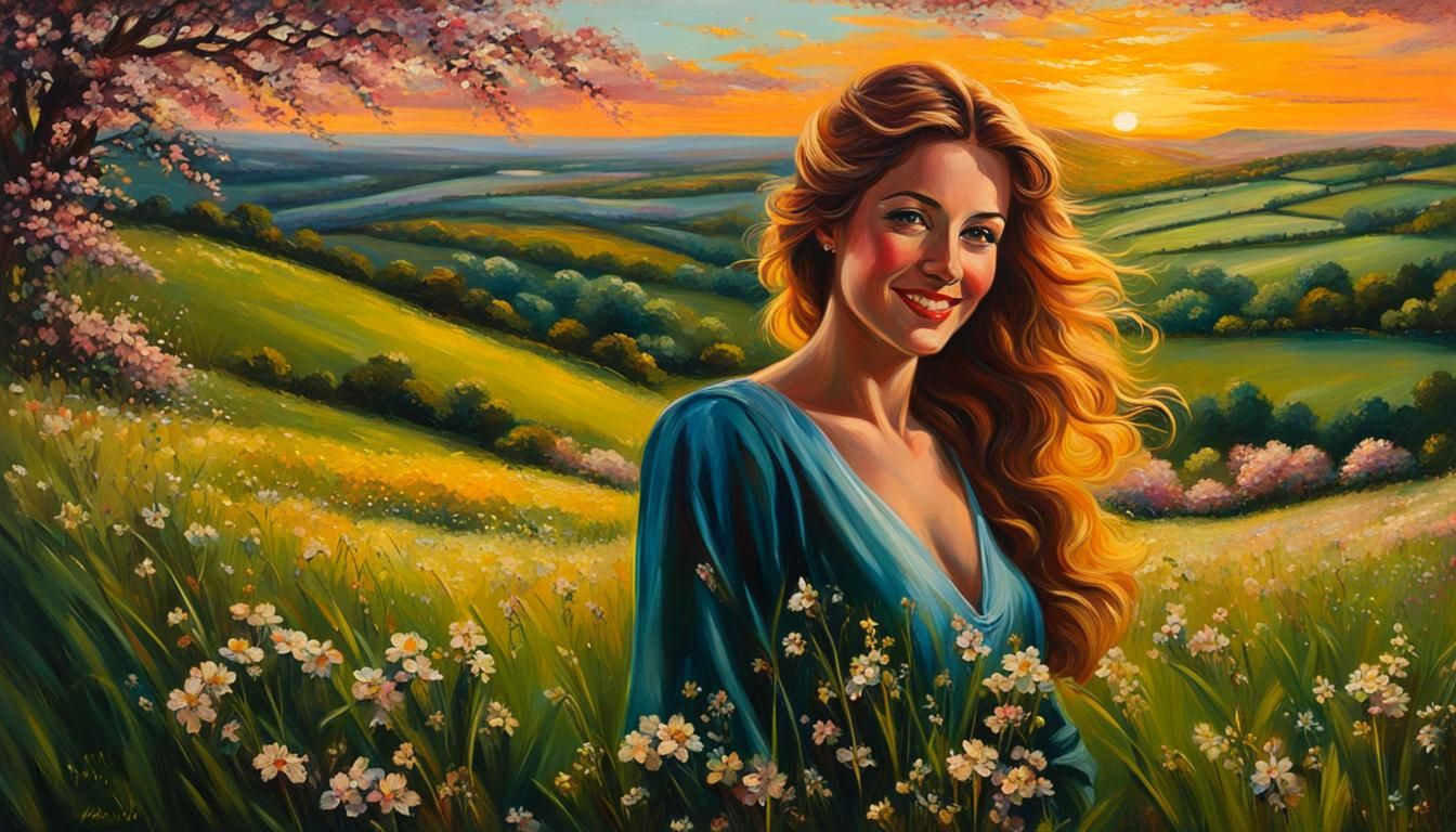 Joyful Woman in English Meadow, Impressionist Oil Painting