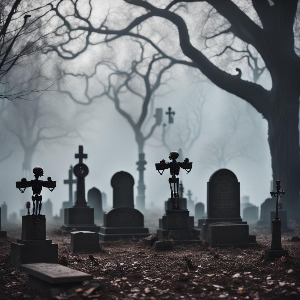 Skeletons in Foggy Graveyard: Professional Photography