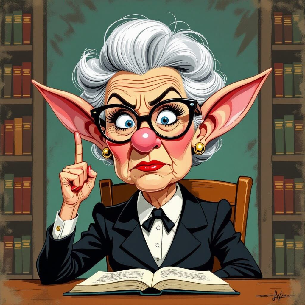 Exaggerated Librarian Caricature with Giant Nose and Ears