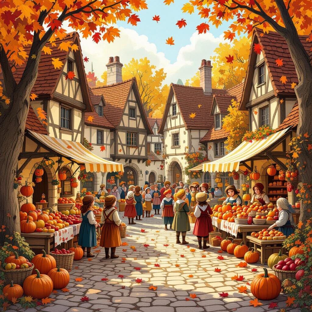 Medieval Harvest Festival Village Square Storybook Illustrat...