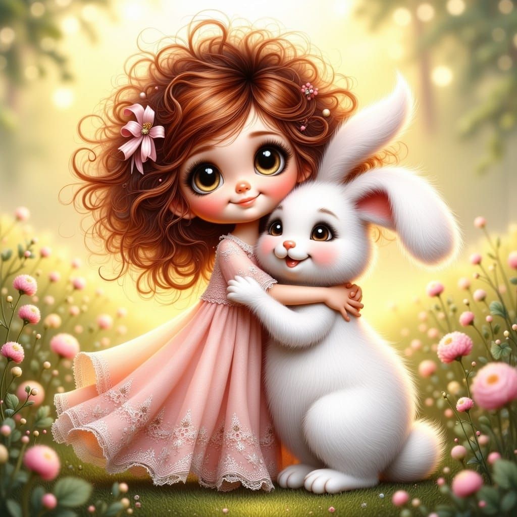 Girl Hugs Bunny in Dreamy Flower Field