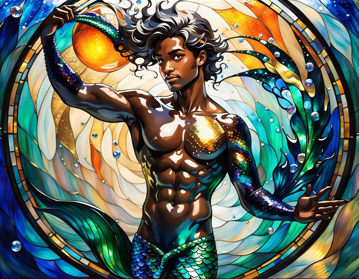 Hazel-Eyed Merman in Post-Impressionist Astral Illustration