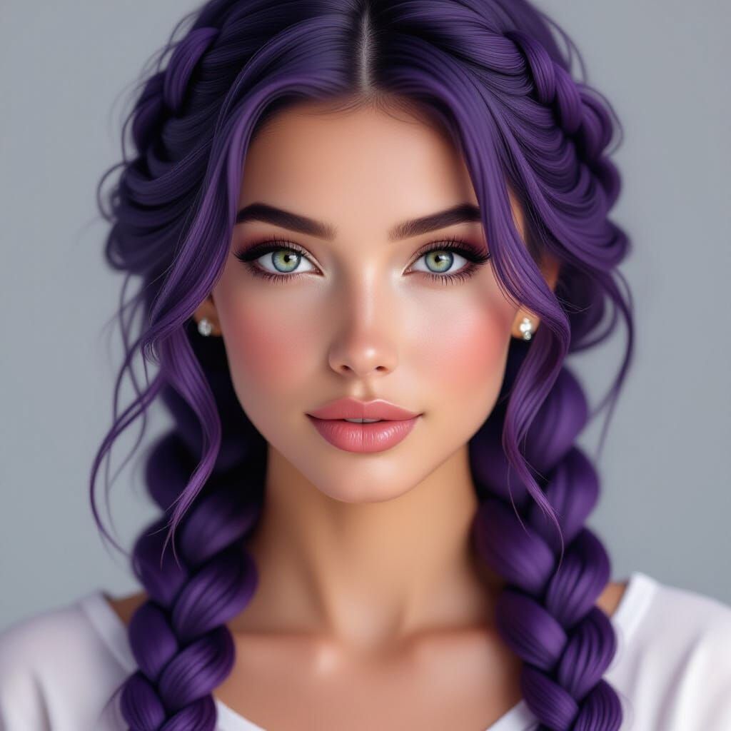 Hyperrealistic Close-Up of Woman with Braided Purple Hair