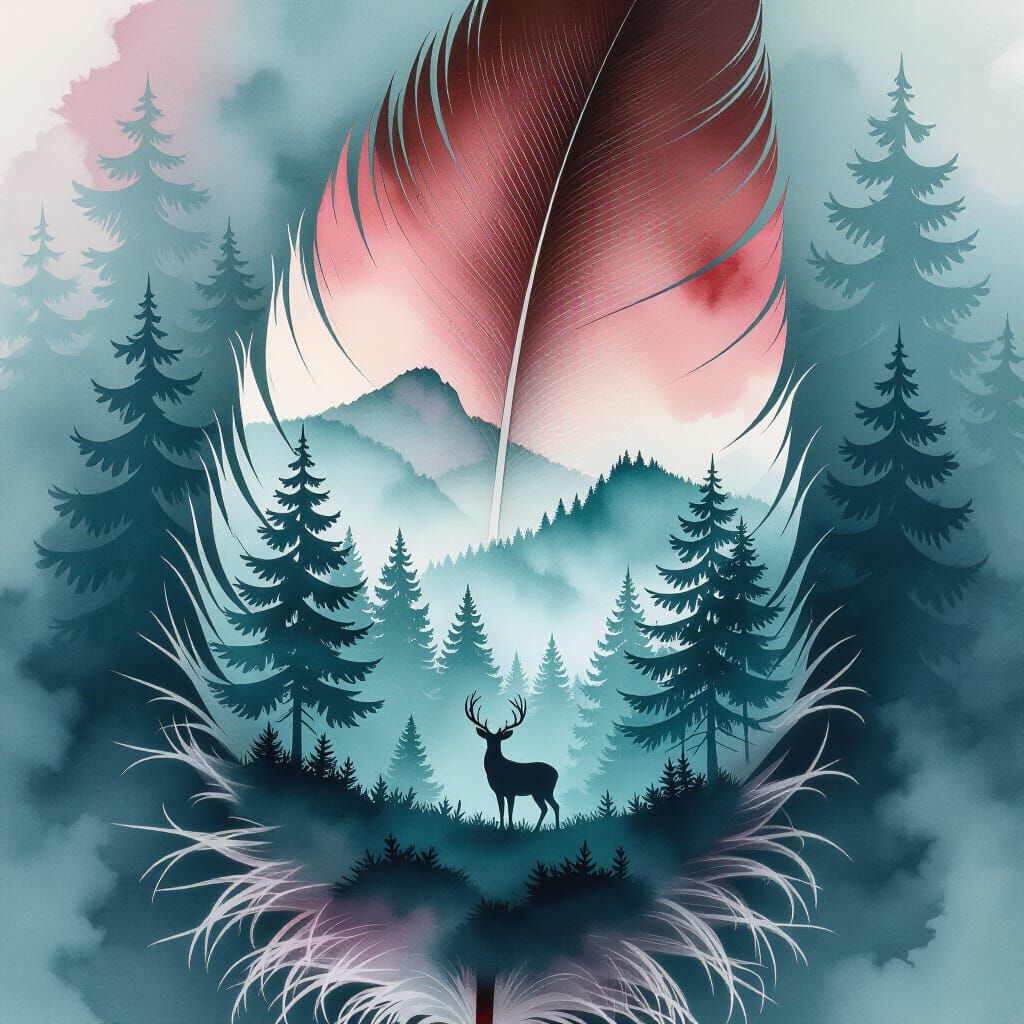 Feather with Watercolor Forest Landscape