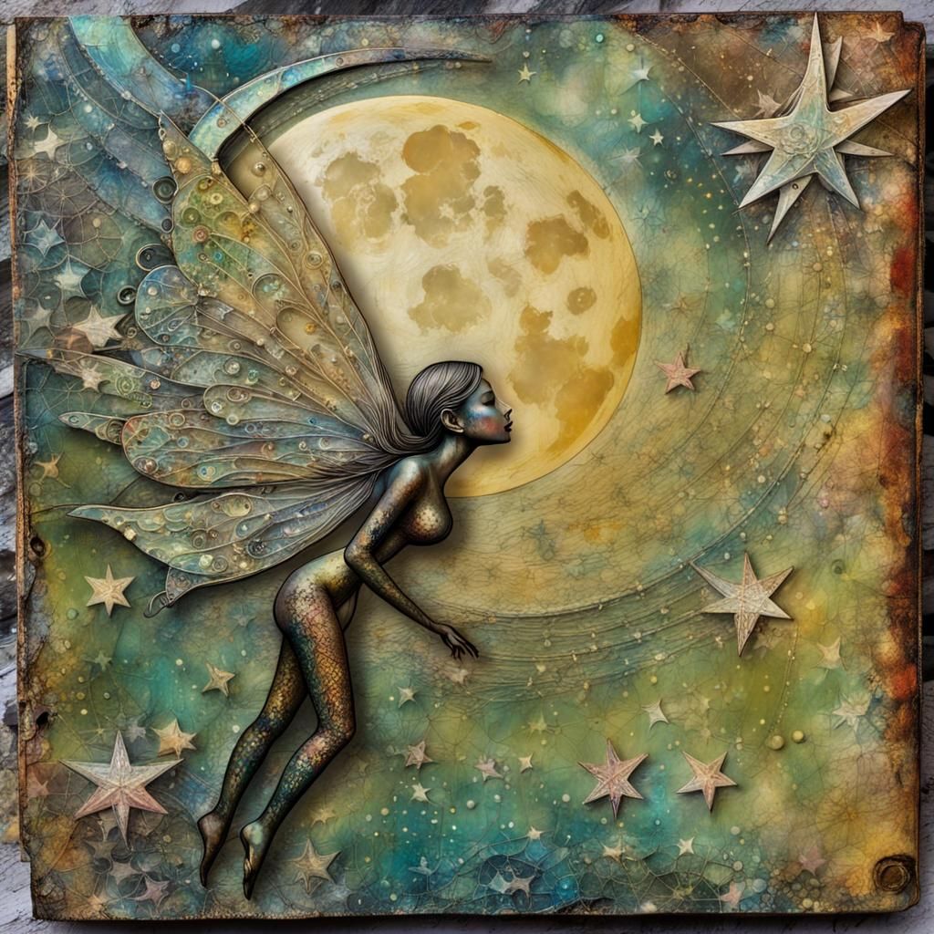 Pixie Gazing at Moon, Mixed Media Encaustic Painting