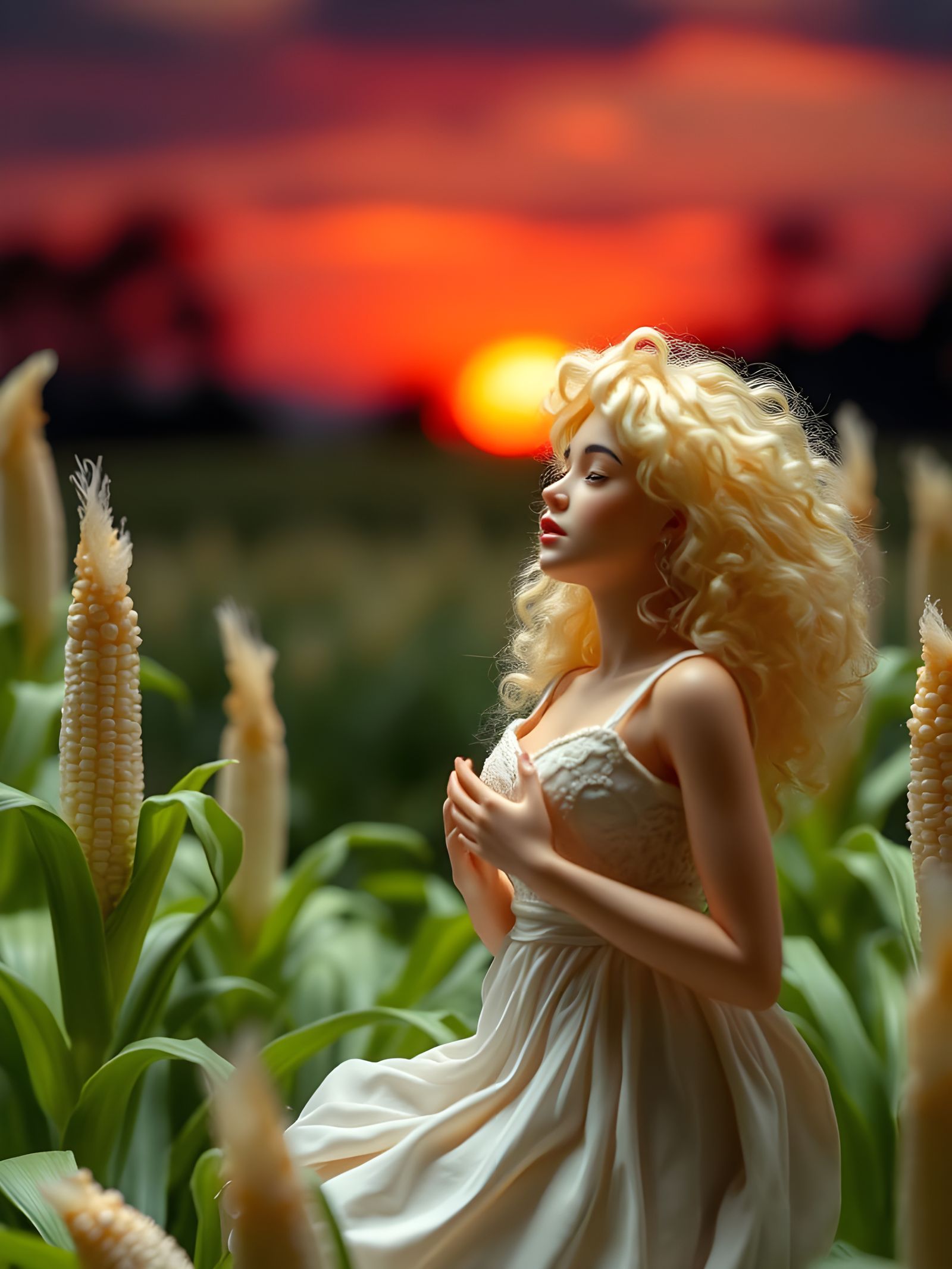 Surreal Sunset Diorama of an Albino Woman Singing with White...