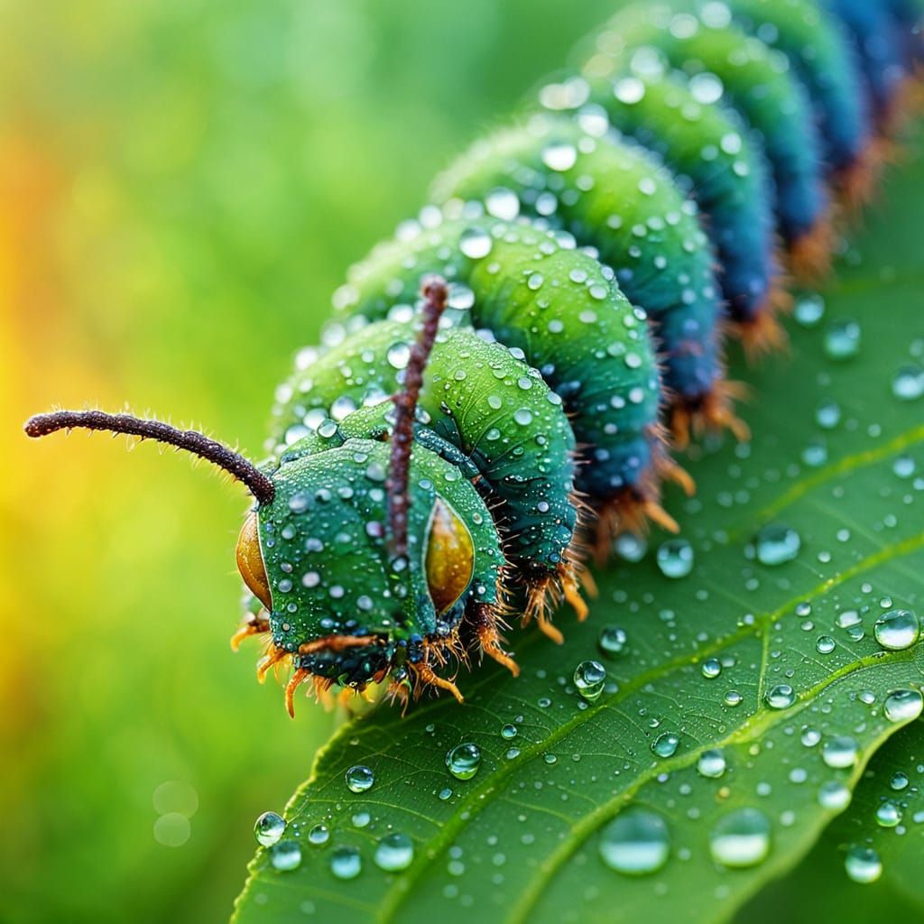 Abstract Macro Photo of Caterpillar on Dewy Leaves