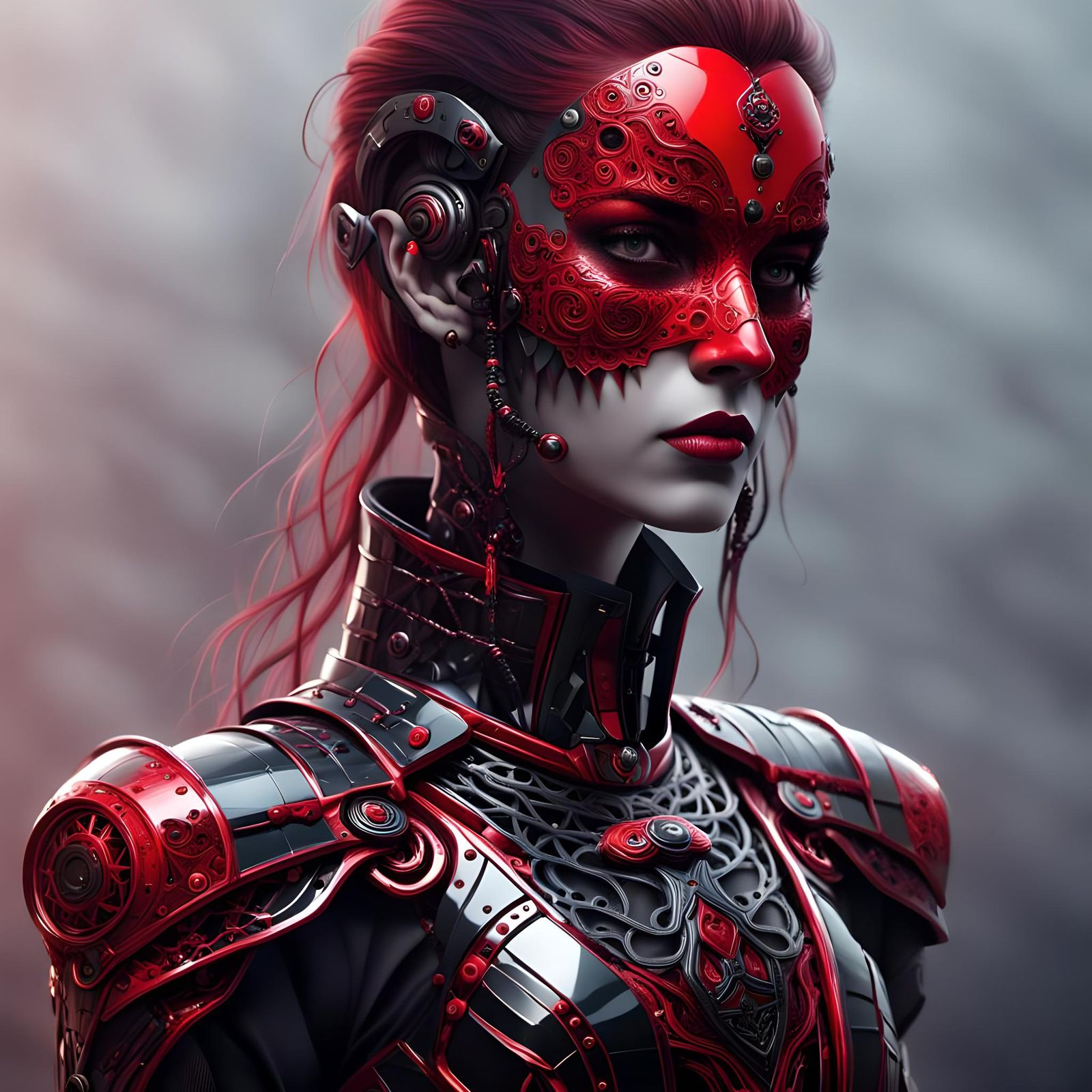Gothic Cyborg Portrait in Black and Red Armor