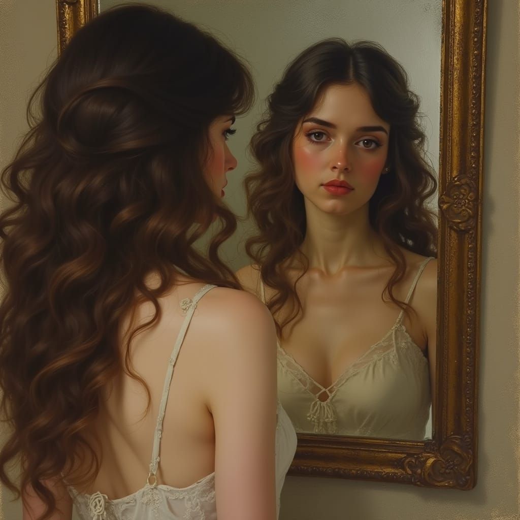 Woman Gazing in Antique Mirror, Impressionist Style