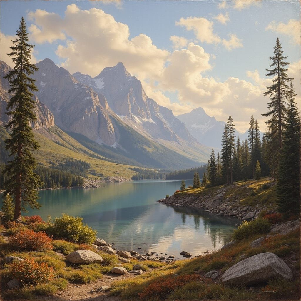 Romantic Landscape with Majestic Mountains and Serene Lake